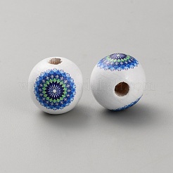 プリントウッドヨーロピアンビーズ  大穴丸いビーズ  花  ドジャーブルー  15~15.5mm  穴：4mm&nbsp;WOOD-CJC0001-20G