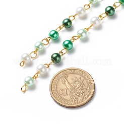 手作りのガラスパールビーズチェーン  真鍮製アイピン付き  溶接されていない  グリーン  13x6mm  約3.28フィート（1m）/連&nbsp;AJEW-JB01136-03