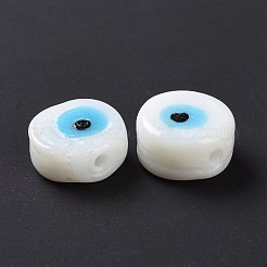 手作りのナザールボンジュウのランプワークビーズ  フラットラウンド  ホワイト  11.5~12x5.5mm  穴：1~1.2mm&nbsp;LAMP-E026-02H