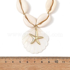 夏物 304ステンレススチール製ヒトデと天然淡水貝の彫刻ペンダントネックレス  天然タカラガイの貝殻を編み込んだビーズネックレス  亀の合成ターコイズビーズ付き  ベージュ  ゴールドカラー  9.25~14.57インチ（23.5~37cm）  ペンダント：23~38x20.5~37.5x2~2.5mm&nbsp;NJEW-JN06566-01