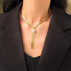アクリル パール ペンダント ラリアット ネックレス  ゴールデン 304 ステンレススチール ヘリンボーン チェーン ダブルレイヤー ネックレス 女性用  丸い模様  17.13インチ（43.5cm）  フラットラウンド：16x16mm&nbsp;NJEW-P271-03G-B