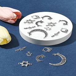 60個 6スタイル チベットスタイル 合金リンクペンダント  三日月と星とハート  カドミウムフリー＆鉛フリー  アンティークシルバー  9~41x11.5~30x1~1.5mm  穴：0.9~2mm  10個/スタイル&nbsp;TIBE-FS0003-22