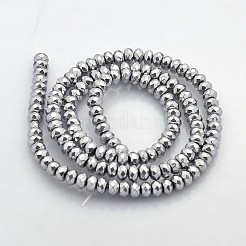 電気メッキ磁気無し合成ヘマタイトビーズ連売り  ファセットロンデル  プラチナメッキ  4x3mm  穴：1mm  約141個/連  15.7インチ&nbsp;G-J208D-08