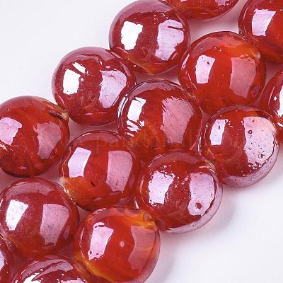 手作りランプワークビーズ  パールカラーの  フラットラウンド  レッド  16x8mm&nbsp;LAMP-S010-16mm-04-1