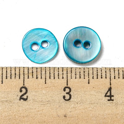 淡水シェルボタン  2穴  フラットラウンド  シアン  9x1~2mm  穴：1.5mm&nbsp;SHEL-C005-01A-03-1