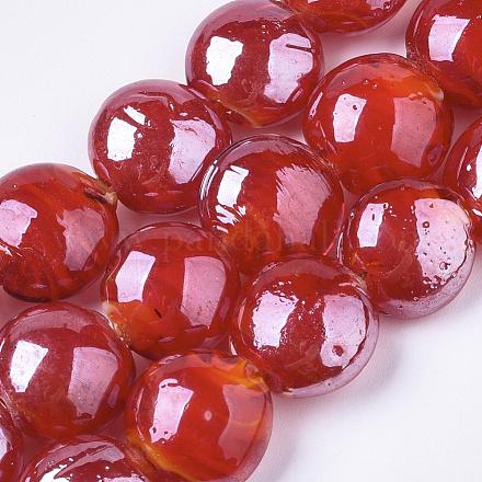 手作りランプワークビーズ  パールカラーの  フラットラウンド  レッド  16x8mm&nbsp;LAMP-S010-16mm-04-1