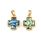 Rack Plating Brass Natural Paua Shell Pendants, Cross, Golden, 15.5x12.5x3mm, Hole: 5X2.5mm