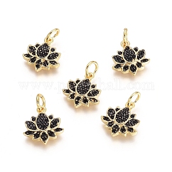 Brass Micro Pave Cubic Zirconia Charms, with Jump Rings, Cadmium Free & Lead Free, Lotus, Black, Gunmetal & Golden, 12x11x2.5mm, Hole: 3.4mm