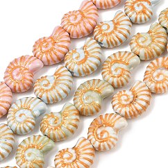 Handmade Porcelain Beads, Hand Painted Ceramic Beads, Golden Metal Enlaced, Spiral Shell, Mixed Color, 21x16x9mm, Hole: 2mm