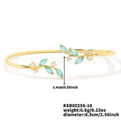 Brass Micro Pave Cubic Zirconia Open Cuff Bangles, Leaf Charms Bangles for Women, Gold, Blue, 2-1/2 inch(6.5cm)