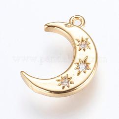Brass Charms, Cadmium Free & Lead Free, with Cubic Zirconia, Moon, Golden, 16x10x2mm, Hole: 1.2~1.5mm