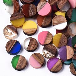 Resin & Walnut Wood Cabochons, Flat Round, Mixed Color, 10x2.5~4mm