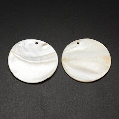フラットラウンド淡水シェルのペンダント  乳白色  44~46x3mm  穴：2mm