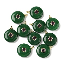 Dyed Natural Malaysia Jade Pendants, Flat Round Charms with Brass Micro Pave Cubic Zirconia Findings, Long-Lasting Plated, Rack Plating, Real 18K Gold Plated, Cadmium Free & Lead Free, 23x18x5.5~6mm, Hole: 2~3mm