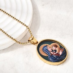 Unisex Religion 304 Stainless Steel Enamel Oval Pendant Box Chain Necklaces&nbsp;STAS-H258-02G-01