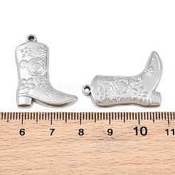 304ステンレスペンダント  花柄のチャームが付いたウエスタンスタイルのカウボーイブーツ  ステンレス鋼色  27.5x21.5x3mm  穴：1.6mm&nbsp;SA-CBAE7EB-31P