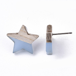 透明樹脂＆ウッドスタッドピアス  304ステンレスピン付き  スター  ライトスチールブルー  17x18mm  ピン：0.7mm&nbsp;EJEW-N017-001A-D01