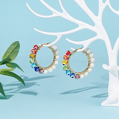 Shell Pearl & Evil Eye Lampwork Beaded Hoop Earrings&nbsp;EJEW-TA00115