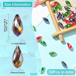30個3色電気メッキガラスファセットティアドロップビーズ  トップドリルビーズ  ABカラーメッキ  ミックスカラー  11.5~13x6mm  穴：1mm  10個/カラー&nbsp;EGLA-YW0001-86A