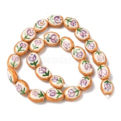 手作りの陶器ビーズ  手描きのチューリップの花のセラミックビーズ  オーバル  エナメル  紫色のメディア  14~15x12~13x7~8mm  穴：1.5~1.8mm&nbsp;PORC-C008-06