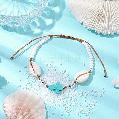 Corss Synthetic Turquoise & Natural Cowrie Shell Braided Bead Bracelets&nbsp;BJEW-JB10357-02
