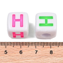 不透明アクリルエナメルヨーロピアンビーズ  大穴ビーズ  文字付きのキューブ  ミックスカラー  文字h  14x14x14mm  穴：6mm  約190個/500g&nbsp;AC-ACBA1794-04H