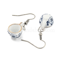 手作りの磁器の青と白の磁器カップのダングルイヤリング  女性のための鉄のアクセサリー  プラチナ  40x13mm&nbsp;EJEW-A042-02