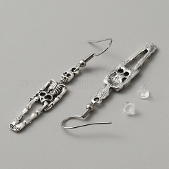 ハロウィン用合金スケルトンスカルダングルイヤリング  アンティークシルバー  55mm  ピン：0.6mm&nbsp;EJEW-WH0018-27B