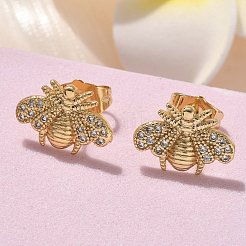 真鍮マイクロペーブクリアキュービックジルコニアスタッドピアス  長持ちメッキ  18KGP本金メッキ  ミツバチ  9.5x14mm&nbsp;EJEW-D305-20G-02