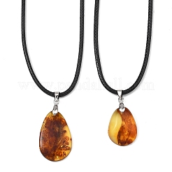 Natural Amber Teardrop Pendant Black Imitation Leather Cord Necklaces for Women&nbsp;NJEW-JN06318