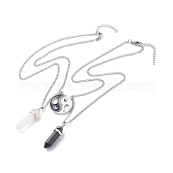 2Pcs 2 Style Natural Quartz Crystal & Black Obsidian Bullet Pendant Necklaces Set&nbsp;NJEW-JN03994-02