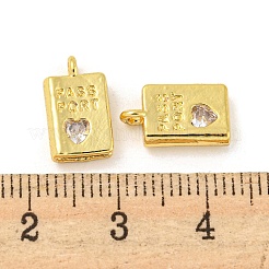 リアル 18k ゴールドメッキラックメッキ真鍮マイクロパヴェキュービックジルコニアペンダント  長持ちメッキ  鉛フリー＆カドミウムフリー  パスポート  透明  12x7x2.5mm  穴：1.5mm&nbsp;X-KK-R153-03G