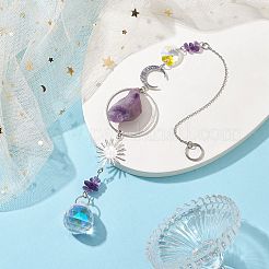 ラフ原石の天然アメジスト ナゲットぶら下げ装飾品  太陽とガラスのティアドロップ型ハンギングサンキャッチャー  290mm&nbsp;HJEW-JM01839-02