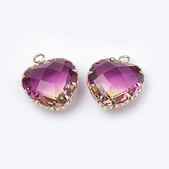 K9ガラスチャーム  模造トルマリン  ゴールデントーン真鍮パーツ  多面カット  ハート  スミレ  20x16.5x8mm  穴：2mm&nbsp;GLAA-Q069-11B