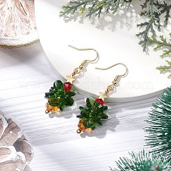クリスマスツリーのガラスのダングルイヤリング  304ステンレススチールピアスフック付き  ゴールドカラー  51x17mm&nbsp;EJEW-JE06128