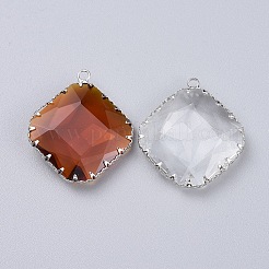 K9ガラスチャーム  真鍮パーツ  多面カット  菱形  プラチナ  ミックスカラー  32x28x7~8mm  穴：2mm&nbsp;GLAA-T002-02-M