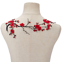 4枚の梅の花のポリエステル刺繍布、縫い付けアップリケ  ミシンクラフト装飾  レッド  273x216x1mm&nbsp;PATC-CY0001-58A