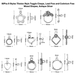 80 個 8 スタイルのチベットスタイルマンテル  鉛フリー及びカドミウムフリー  混合図形  アンティークシルバー  13~21x8~19x2mm  穴：2mm  10個/スタイル&nbsp;TIBEB-CJ0001-28