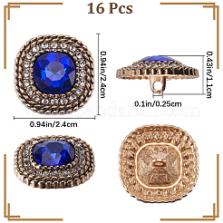 合金ラインストーンシャンクボタン16個  1穴  ライトゴールド  正方形  サファイア  24x24x11mm  穴：2.5mm&nbsp;BUTT-GF0003-51A