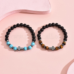 2Pcs 2 Styles Matte Natural Black Obsidian & Tiger Eye & Synthetic Turquoise Round Beads Stretch Bracelets&nbsp;IH5408