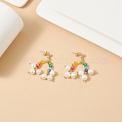 Natural Pearl & Glass Beaded Rainbow & Cloud Dangle Stud Earrings&nbsp;EJEW-TA00151