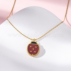 304ステンレススチール製ダークレッドエナメルてんとう虫ペンダントボストンリンクチェーンネックレス（女性用）  イオンプレーティング（ip）  18KGP本金メッキ  15.85インチ（40.25cm）&nbsp;NJEW-U032-07G-02