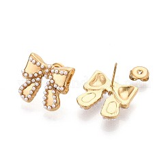 304ステンレススチールABSプラスチック模造真珠スタッドピアス  蝶結び  イオンプレーティング（ip）  14KGP本金メッキ  16x17mm&nbsp;EJEW-N059-04G