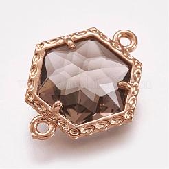ファセットガラスリンクコネクター  真鍮のパーツと  六角  ライトゴールド  コーヒー  18x14.5x5mm  穴：1mm&nbsp;GLAA-G041-B03