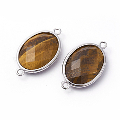 プラチナトーン真鍮タイガーアイリンクコネクター  多面カット  オーバル  26.5x15x6mm  穴：1~2mm&nbsp;G-F339-B05