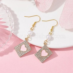 合金クリスタルラインストーン長方形ハートダングルイヤリング  イミテーションパールアクリルビーズドロップイヤリング、エナメル付き  ピンク  47~55x18mm&nbsp;EJEW-JE05491-03