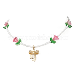 合金製リボンペンダント、チューリップの花、ガラスシードビーズネックレス（女性用）  ゴールドカラー  サクランボ色  16.02インチ（40.7cm）&nbsp;NJEW-MZ00148-02