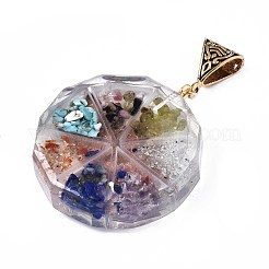透明エポキシ樹脂錬金術ペンダント  天然宝石チップ付き  金フォイル  花付きフラットラウンド  カラフル  39.5x35.5x10.5~11.5mm  穴：5x9mm&nbsp;RESI-T049-16
