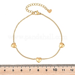 304ステンレススチールビーズリンクブレスレット  女性用カーブチェーンブレスレット  ハート  イオンプレーティング（ip）  長持ちメッキ  ゴールドカラー  7.68インチ（19.5cm）&nbsp;SA-D001-07G