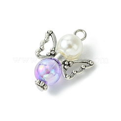パール調アクリルパーツ  合金の翼とガラスビーズ付き  天使  ラベンダーブラッシュ  23x18x3mm  穴：3mm&nbsp;PALLOY-JF02624-03